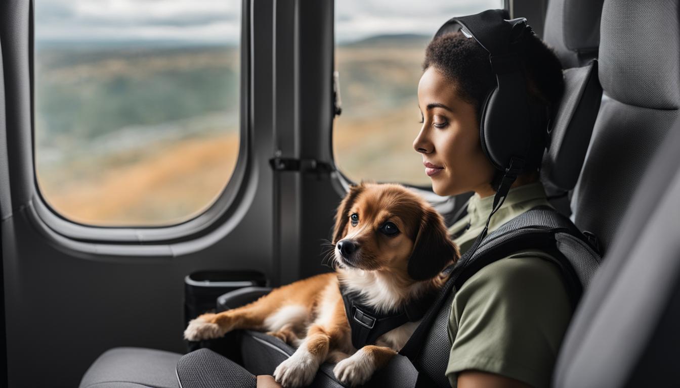 A small dog sitting calmly in a soft-sided carrier on the seat next to a passenger, while looking out the window at the clouds below. The carrier is secured with a seatbelt, and there is a water bowl attached to the door of the carrier. The passenger has a relaxed and content expression on their face as they pet the dog's head. In the background, the plane's wing and engine can be seen through the window.